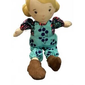 Manhattan Toy Company Soft Fabric Baby Doll with Blue Overalls and Brown Shoes